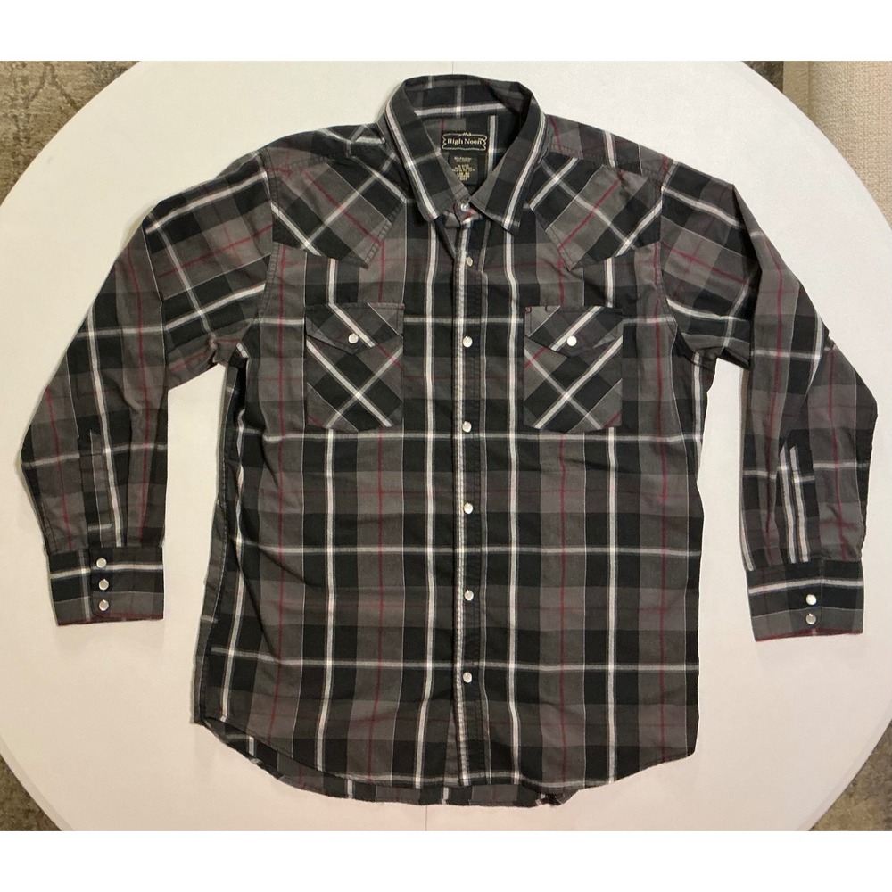 High‎ Noon Mens Western Snap Shirt Plaid Grey Black Red Pearl Snap Large Grunge